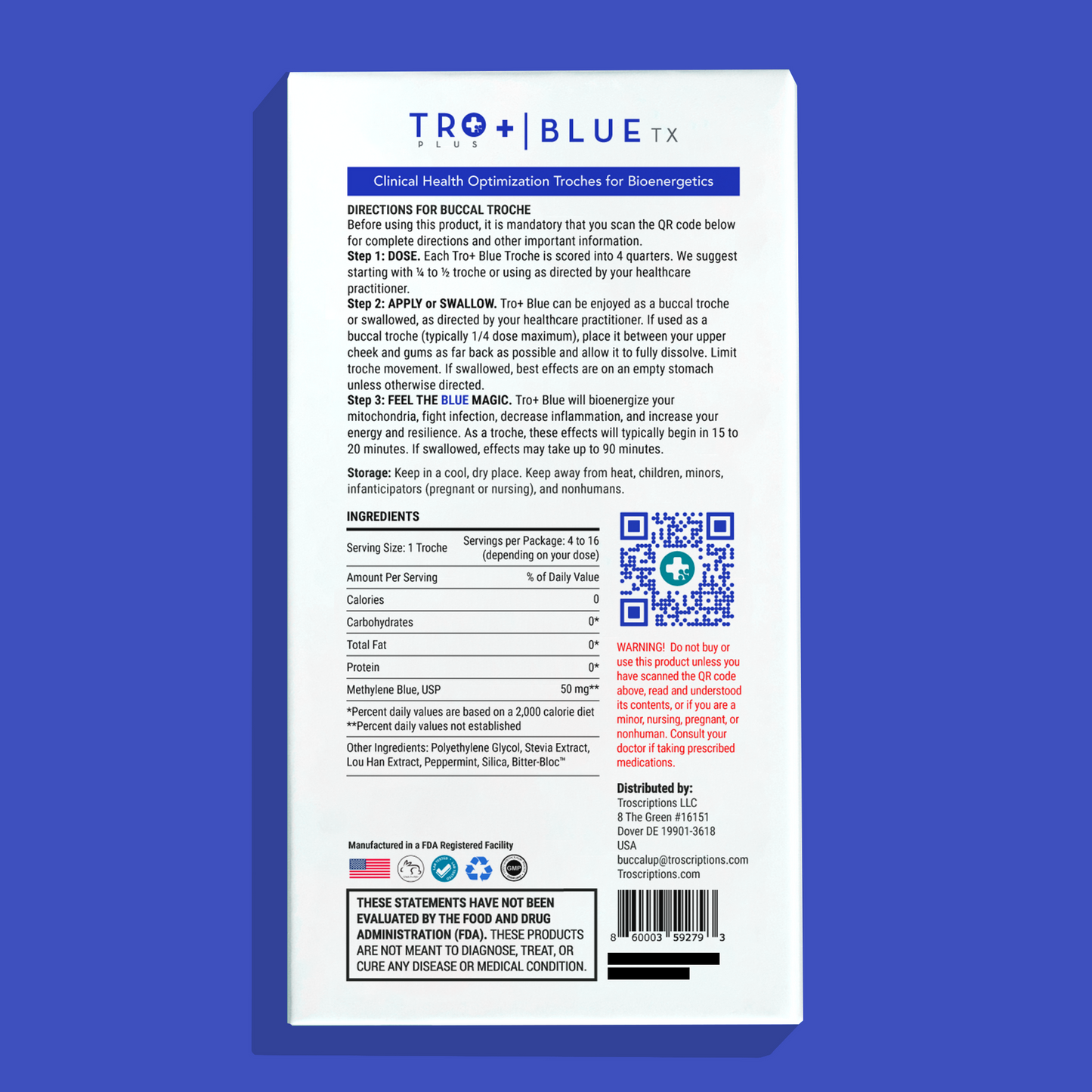 Tro+ Blue clinical health optimization troches for bioenergetics, directions for buccal troche use and ingredients.