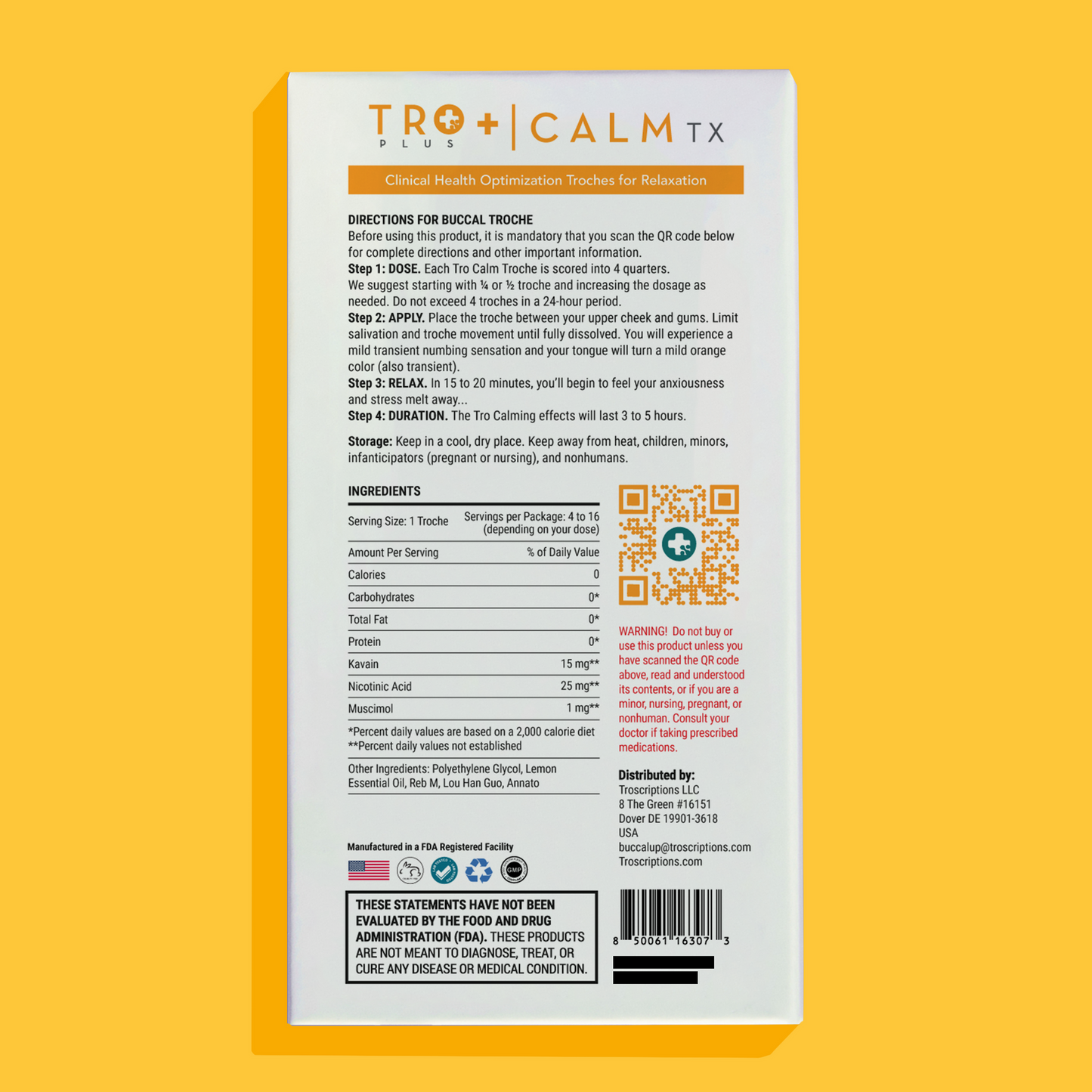 Tro+ Calm Buccal Troches for Relaxation packaging with directions and ingredients list.