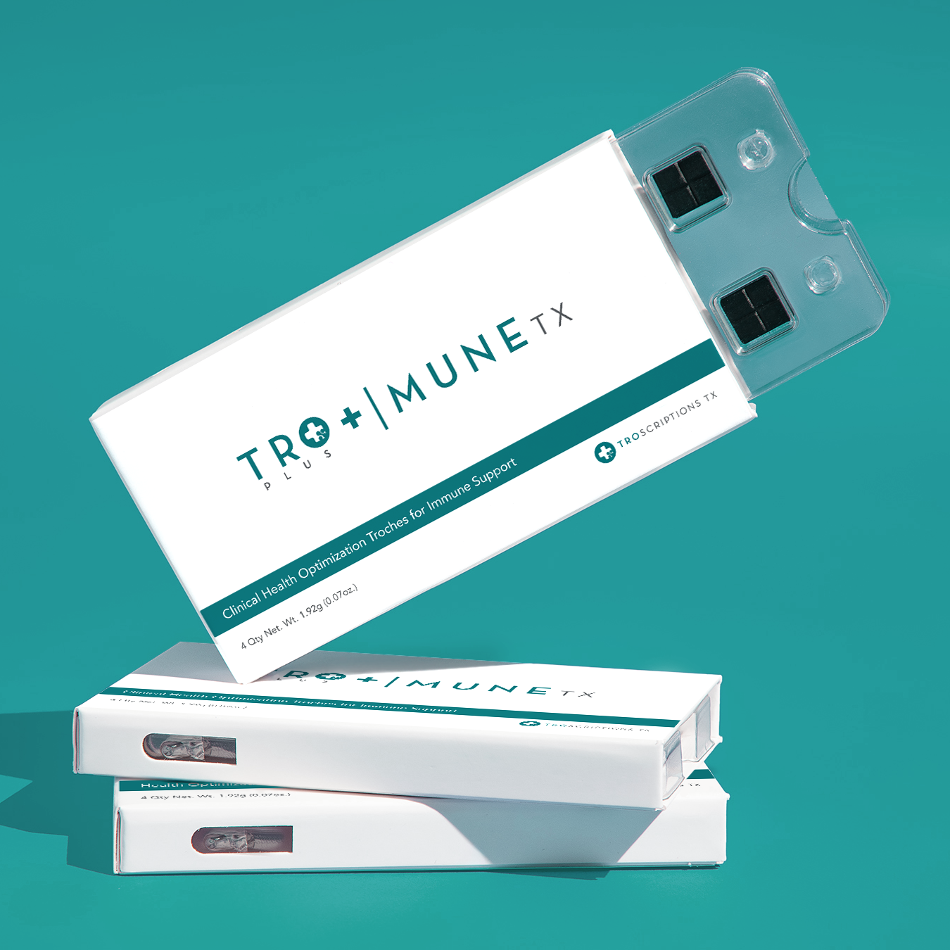 Tro+ Mune packaging for precision dosed immune support troches by Troscriptions TX.