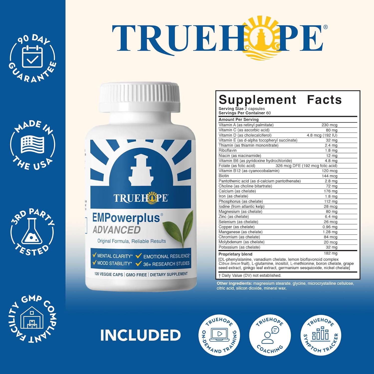 TrueHope EMPowerplus Advanced supplement bottle with label and supplement facts on a blue background
