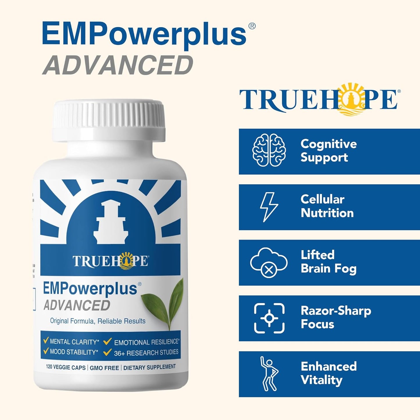 TrueHope EMPowerplus Advanced supplement bottle with product features on a beige background