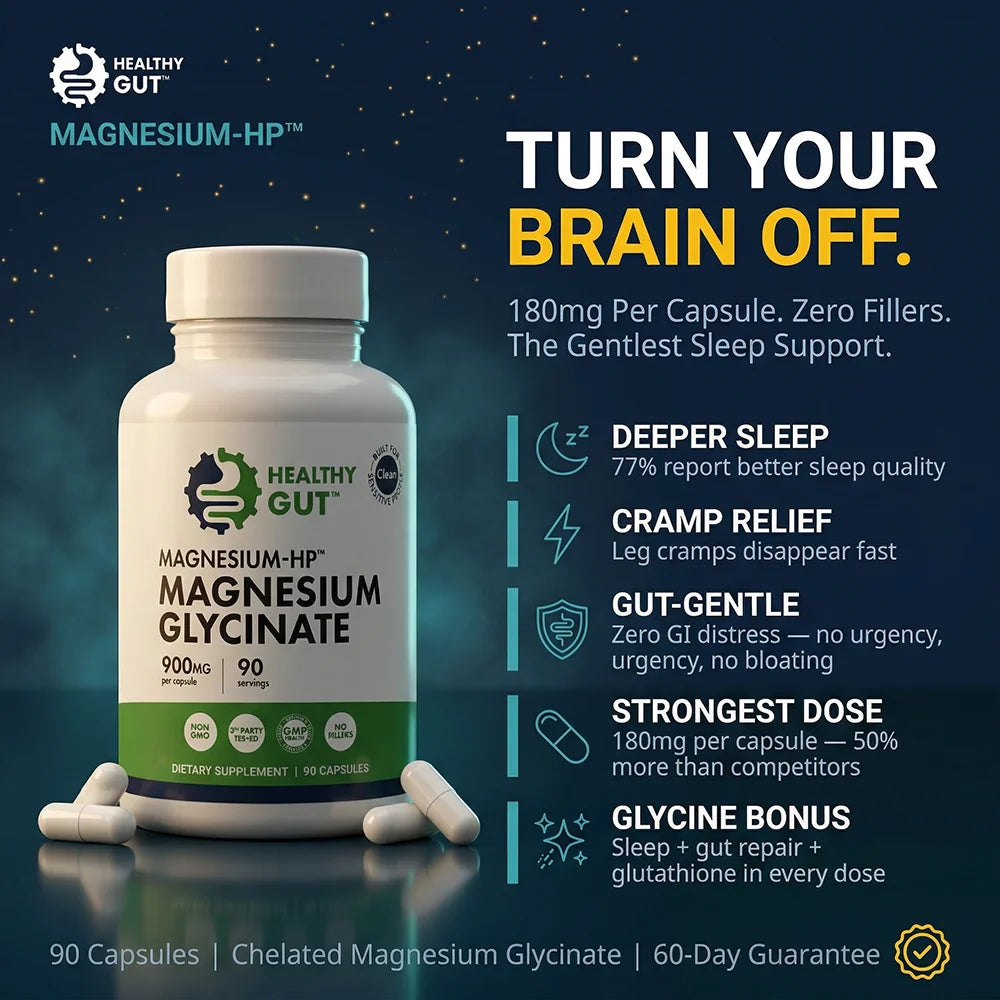 Magnesium-HP - Magnesium for Sensitive Guts supplement bottle with benefits overview, designed for gentle sleep support.