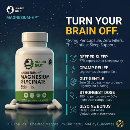 Magnesium-HP - Magnesium for Sensitive Guts supplement bottle with benefits overview, designed for gentle sleep support.