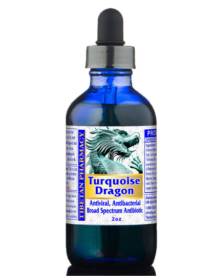 Turquoise Dragon Formula for Respiratory and Lung Health 2oz bottle with dropper, antiviral and antibacterial benefits.