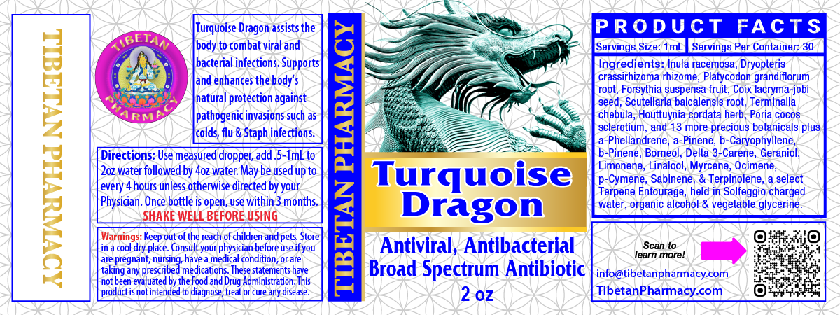 Turquoise Dragon Formula for Respiratory and Lung Health product label featuring antibacterial ingredients and usage directions.