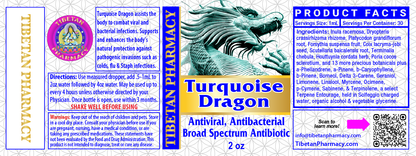 Turquoise Dragon Formula for Respiratory and Lung Health product label featuring antibacterial ingredients and usage directions.