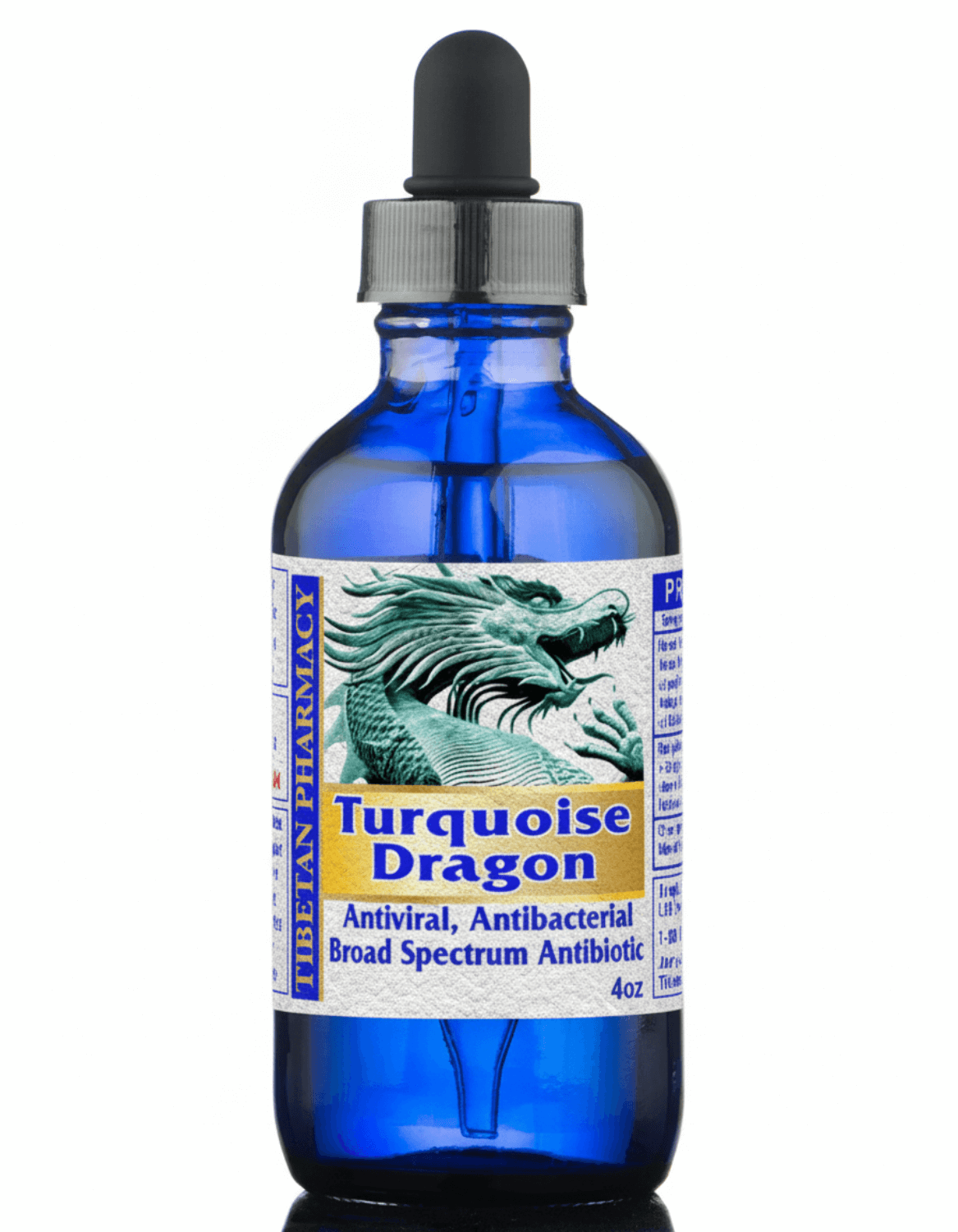 Blue glass bottle with dropper labeled 'Turquoise Dragon' on a white background