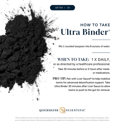 Instructions for using Ultra Binder, a Universal Toxin Binder Supplement, for detoxification support.