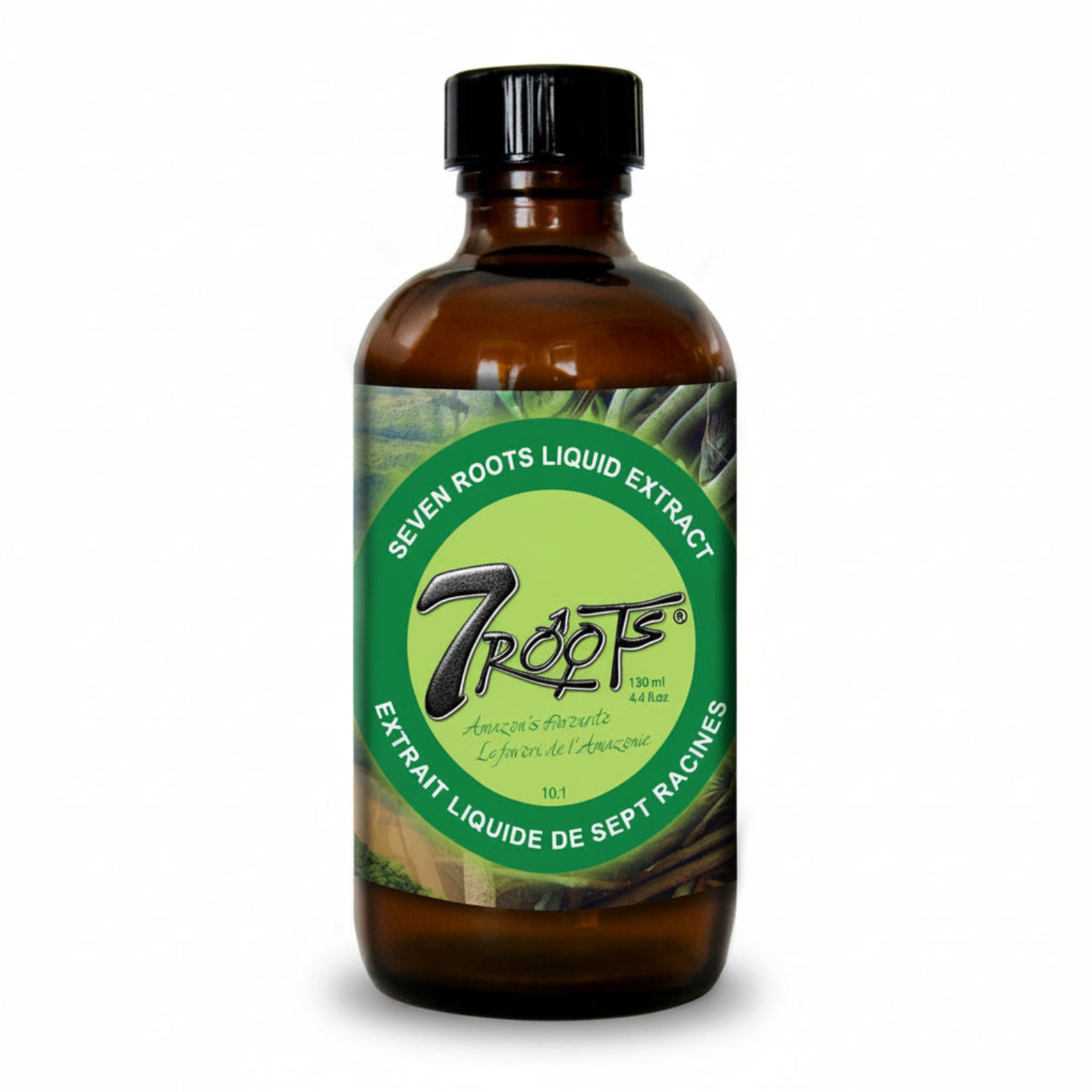 bottle of UHTCO 7 Roots Liquid Extract  10:1 with green label on white background