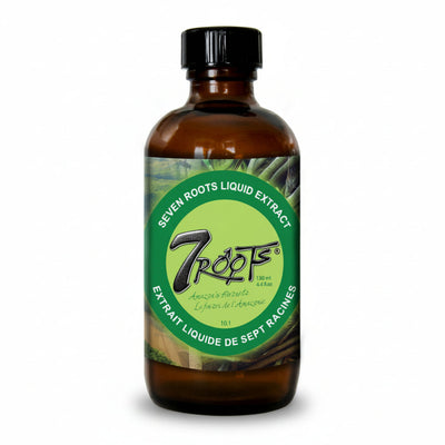 bottle of UHTCO 7 Roots Liquid Extract  10:1 with green label on white background