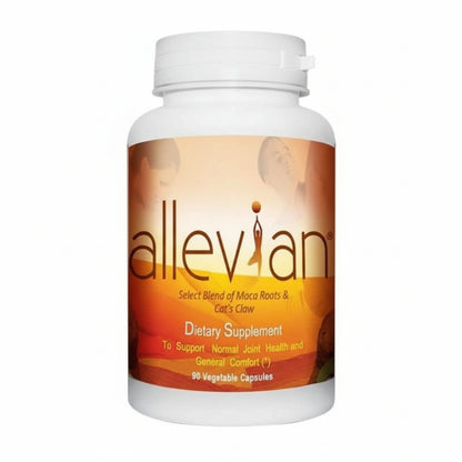 white bottle with orange and yellow label, person in yoga pose with ball for the letter i, Allevian select blend of Maca Roots and Cat's Claw dietary supplement to support normal joint health and general comfort, 90 vegetable capsules