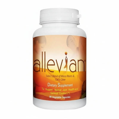 white bottle with orange and yellow label, person in yoga pose with ball for the letter i, Allevian select blend of Maca Roots and Cat's Claw dietary supplement to support normal joint health and general comfort, 90 vegetable capsules