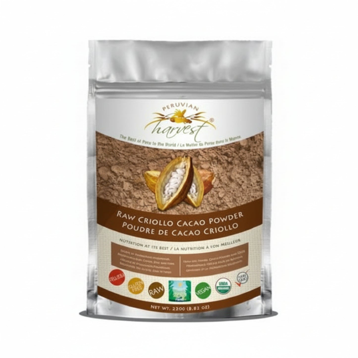 Peruvian Harvest raw Criollo cacao powder packaging on a white background