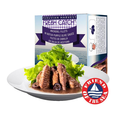 Peruvian Harvest mackerel fillets in Botija Purple Olive Sauce packaging with a plate of food and 'Friend of the Sea' certification logo.