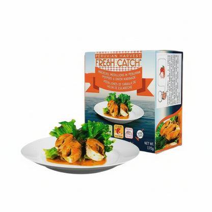 Peruvian Harvest mackerel fillets in Peppers & Onions packaging with a plate of food and 'Friend of the Sea' certification logo.