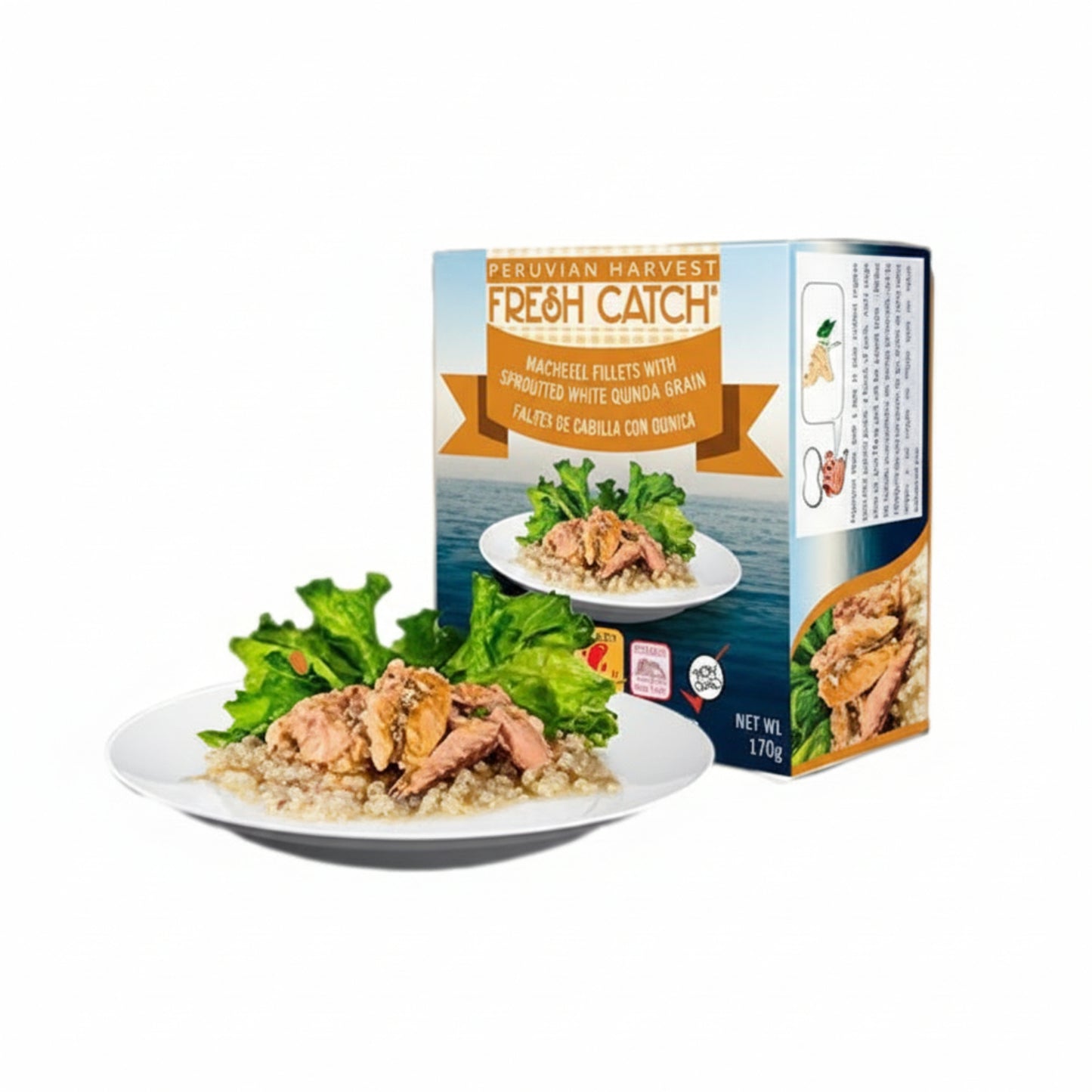 Peruvian Harvest mackerel fillets in Quinoa packaging with a plate of food and 'Friend of the Sea' certification logo.