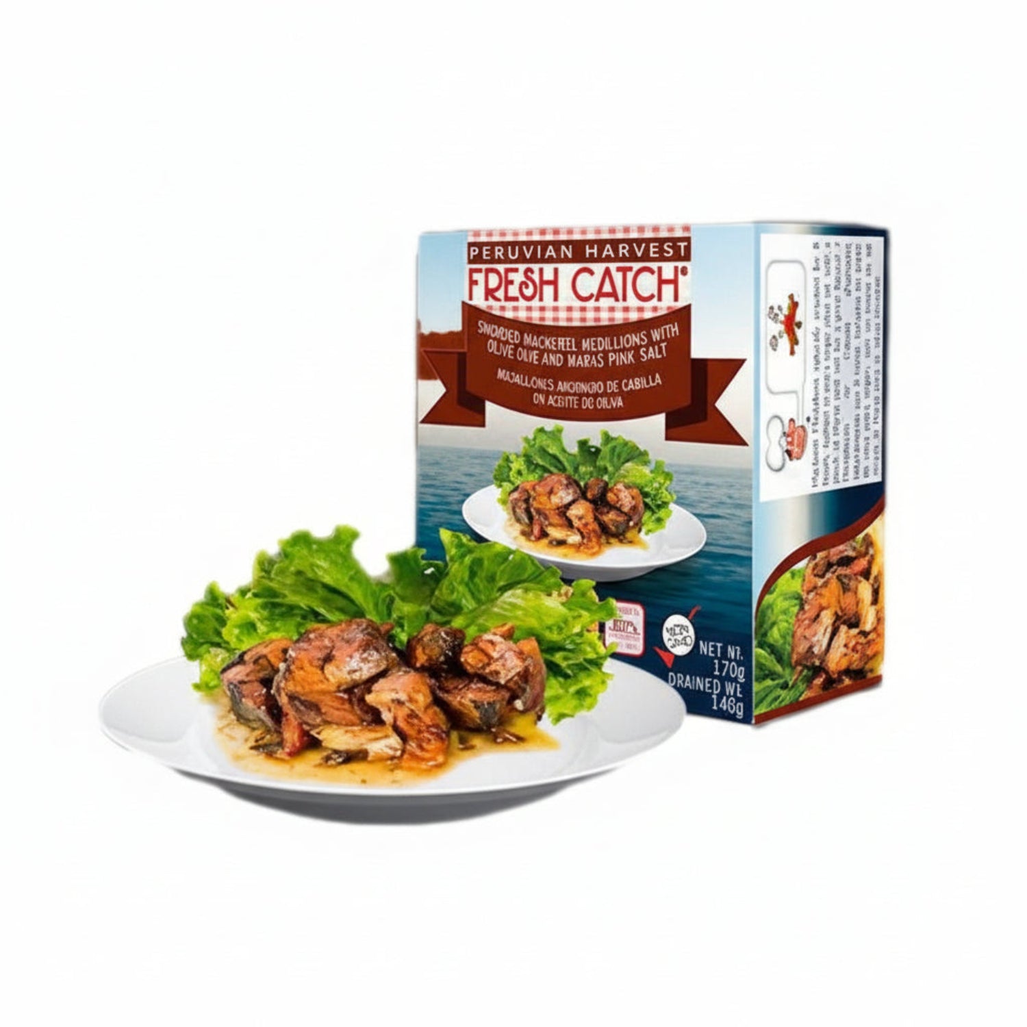 Peruvian Harvest smoked mackerel fillets packaging with a plate of food and 'Friend of the Sea' certification logo.