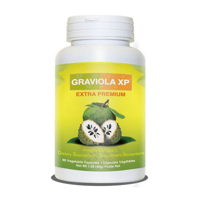 Supplement bottle labeled 'Graviola XP Extra Premium' on a white background