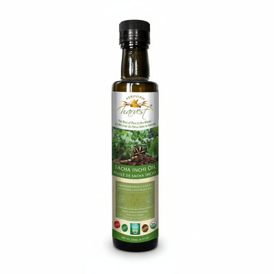 Bottle of Sacha Inchi Oil with a white label on a white background