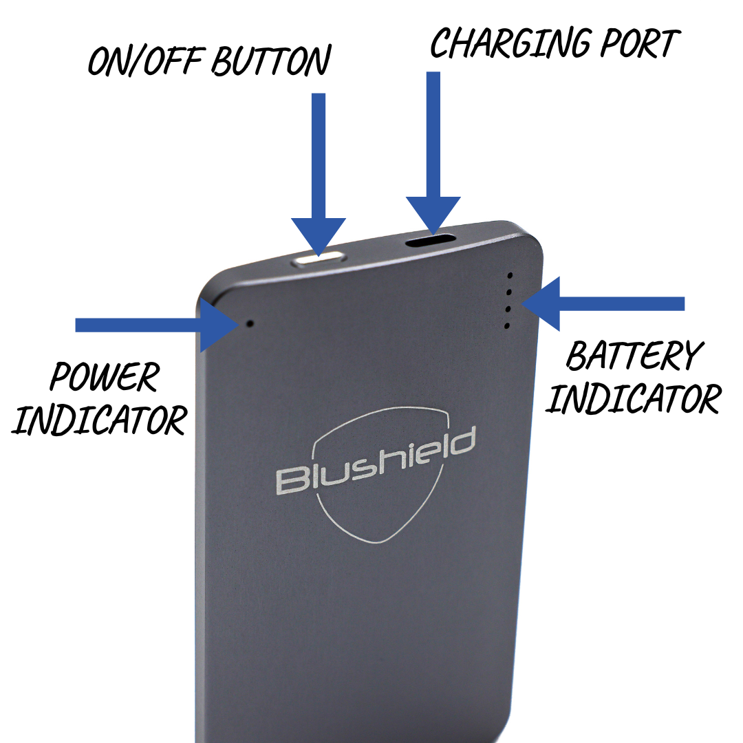 Blushield Ultimate Portable features highlighting on/off button, charging port, power, and battery indicators.