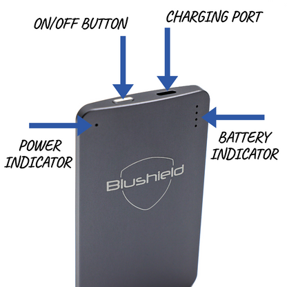 Blushield Ultimate Portable features highlighting on/off button, charging port, power, and battery indicators.