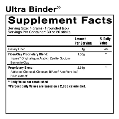 Supplement facts for Ultra Binder, Universal Toxin Binder Supplement, showing ingredients and nutritional information.