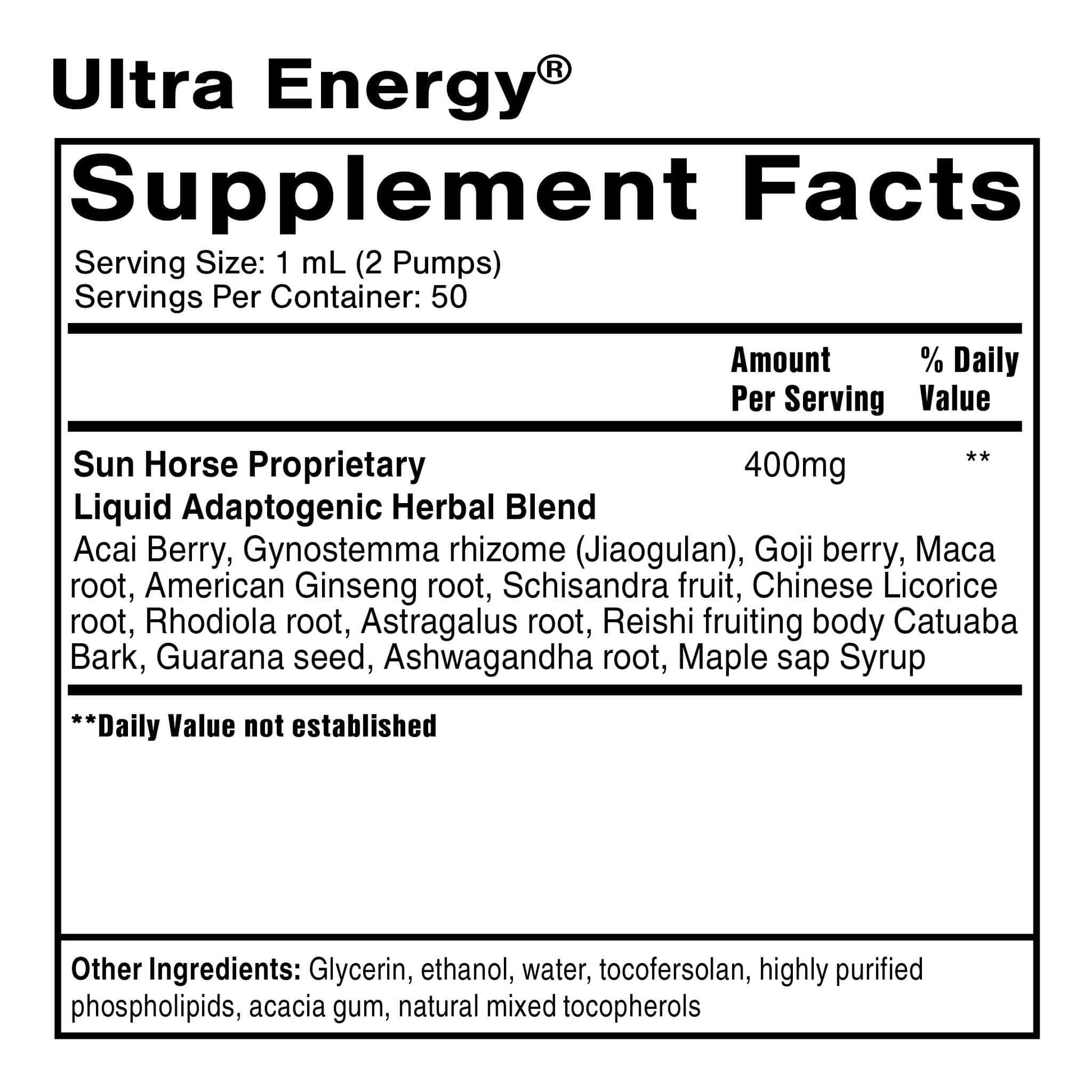 Ultra Energy Supplement Facts label showcasing Sustainable Energy without the Crash herbal ingredients and serving information.
