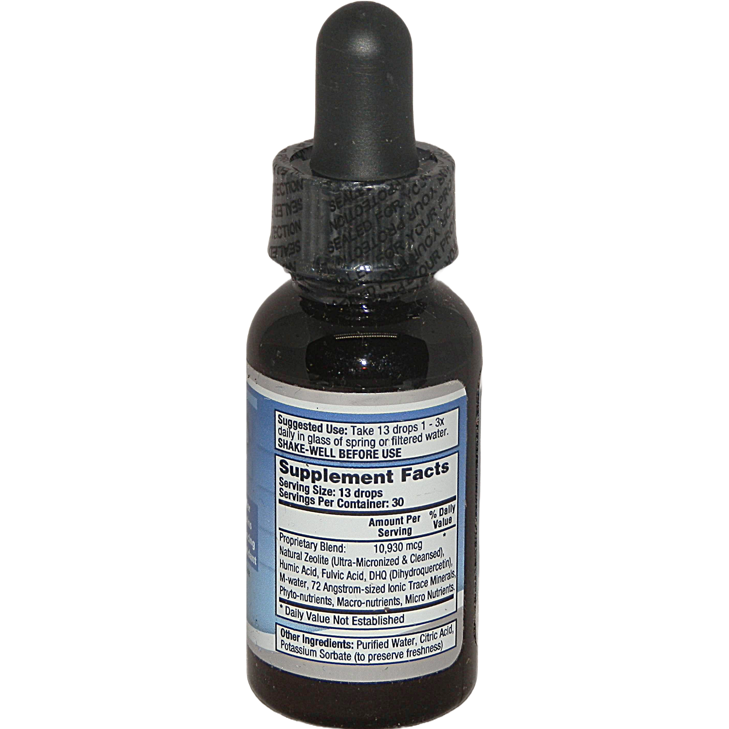 A small amber glass dropper bottle with a black rubber and plastic dropper cap, featuring a white supplement facts label with blue text on a white background.