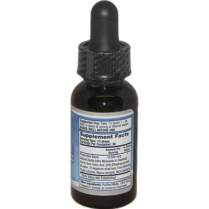 A small amber glass dropper bottle with a black rubber and plastic dropper cap, featuring a white supplement facts label with blue text on a white background.