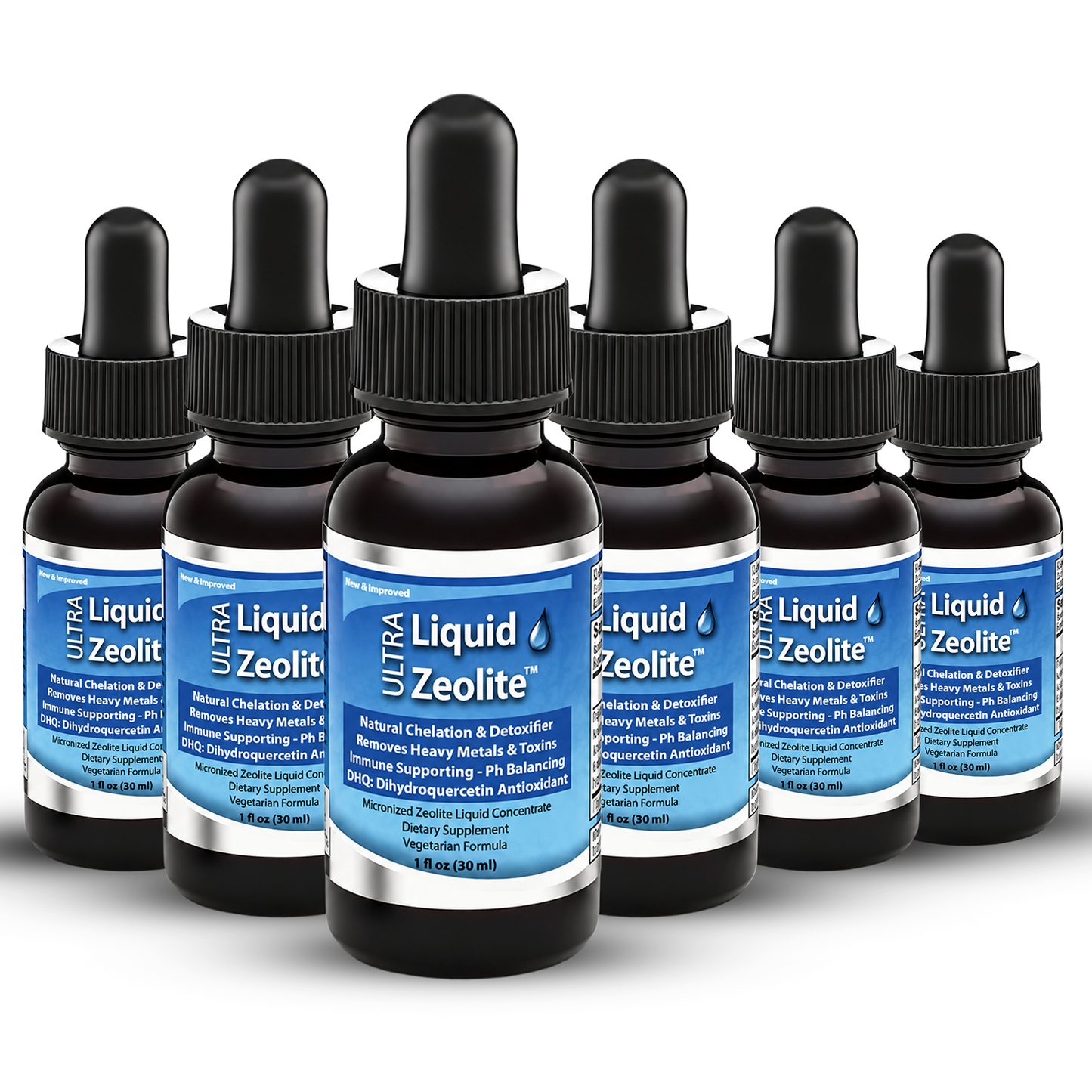 Six amber glass dropper bottles of Ultra Liquid Zeolite arranged in two rows on a white background. The bottles have black droppers and labels with blue, white, and black colors.