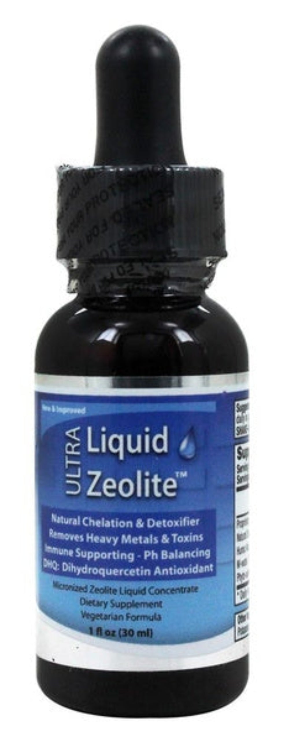 Bottle of Ultra Liquid Zeolite supplement with dropper on a white background