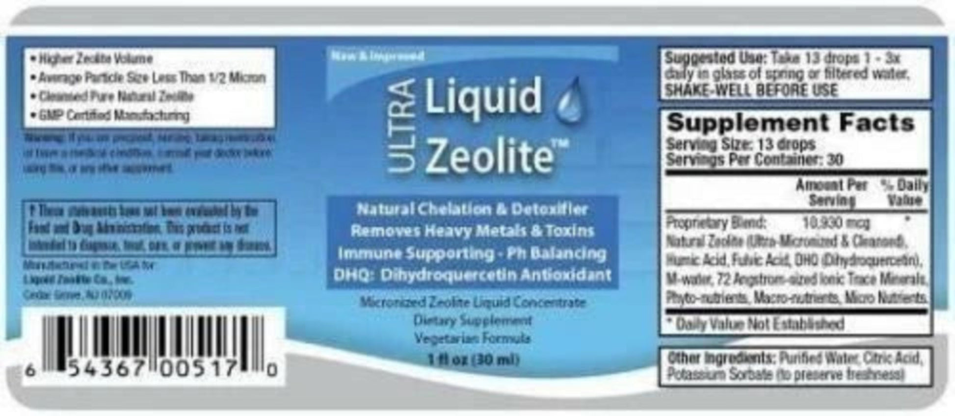 Ultra Liquid Zeolite supplement label with text and product details.