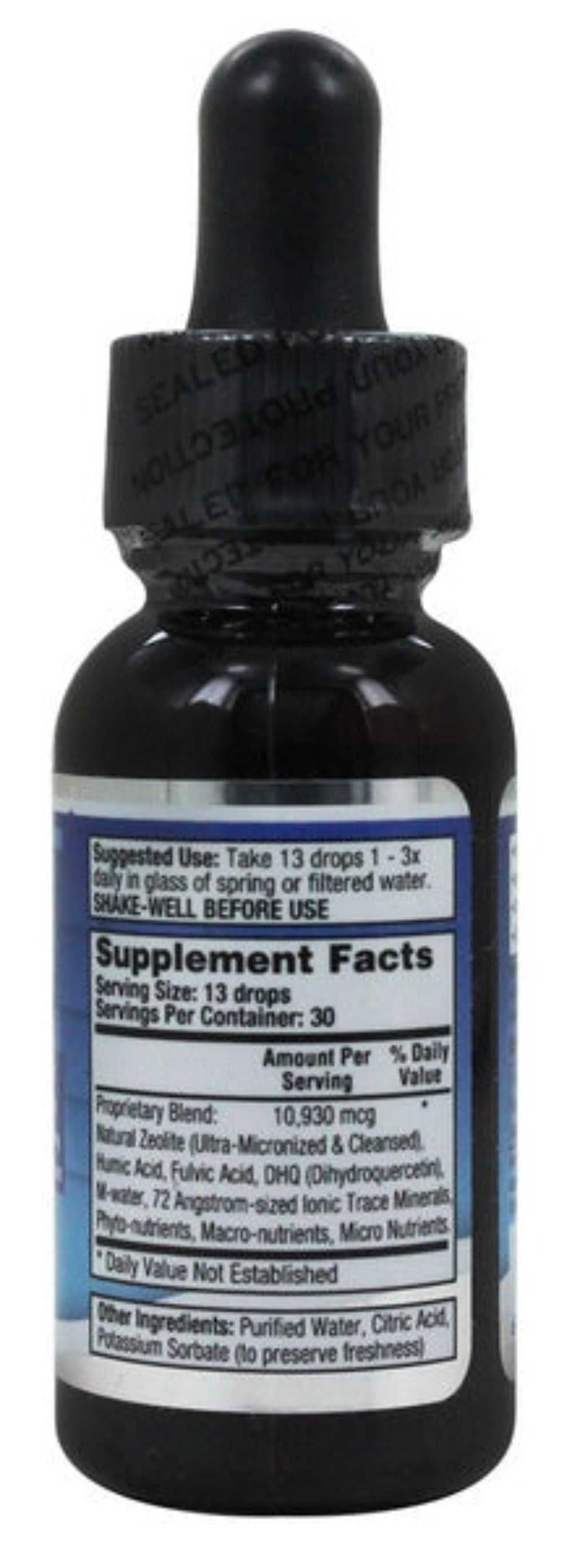 Ultra Liquid Zeolite Bottle of supplement with dropper labeled 'Supplement Facts' on a white background