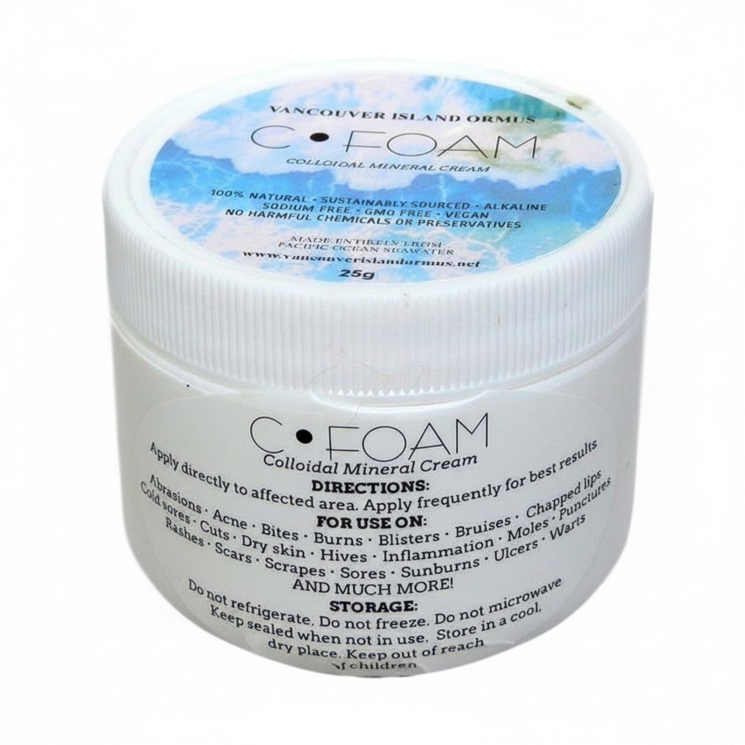 white jar with black text and blue sticker on top, Vancouver Island C-Foam colloidal mineral cream, 100% natural, sustainably sourced, alkaline, sodium free, GMO free, vegan, no harmful chemicals or preservatives, made entirely from Pacific Ocean water, 26g shows Directions for Use and Storage