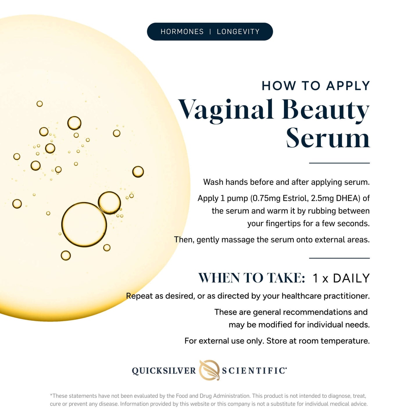 Instructions for applying Vaginal Hydration Serum for Menopause by Quicksilver Scientific.