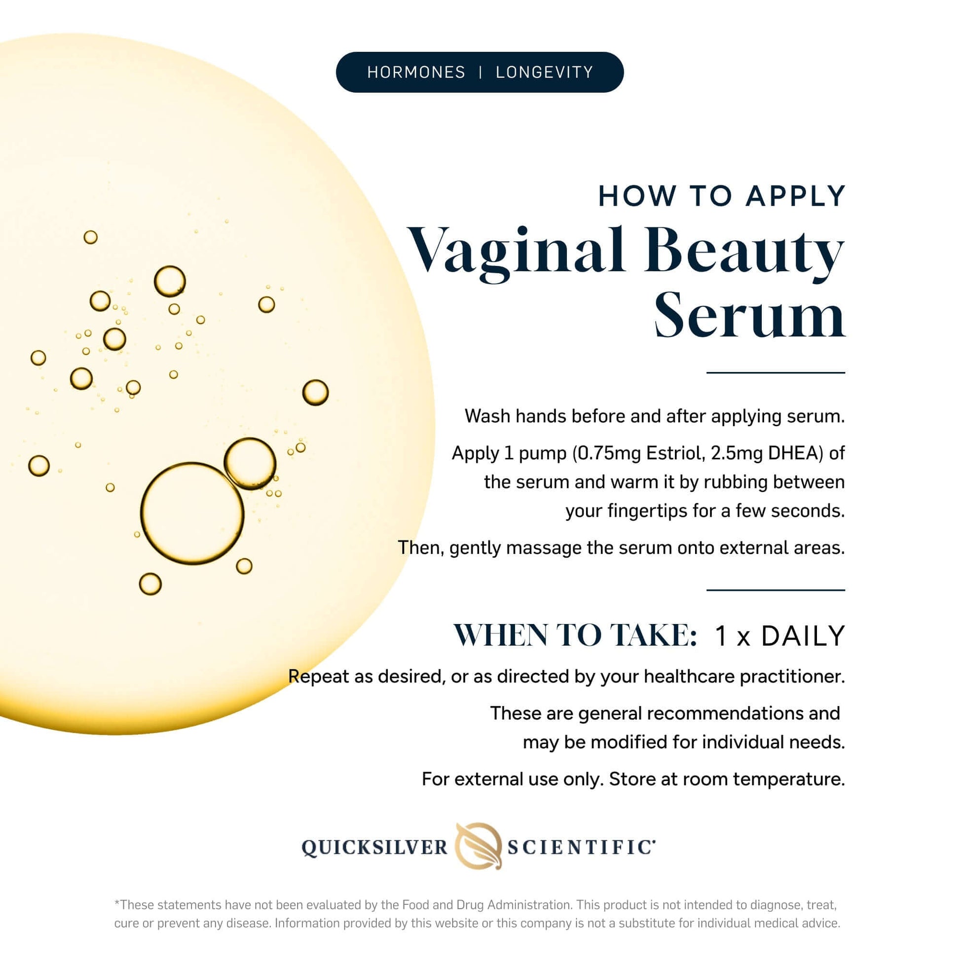 Instructions for applying Vaginal Hydration Serum for Menopause by Quicksilver Scientific.