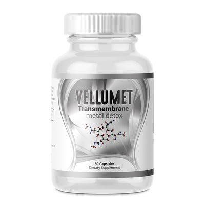 Vellumet - Lipid Soluble Heavy Metal Detox supplement bottle with 30 capsules for metal detoxification support.