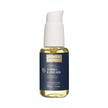 Quicksilver Scientific Vitamin C with R-Lipoic Acid for Fast-Acting Glutathione Support Formula in a bottle.