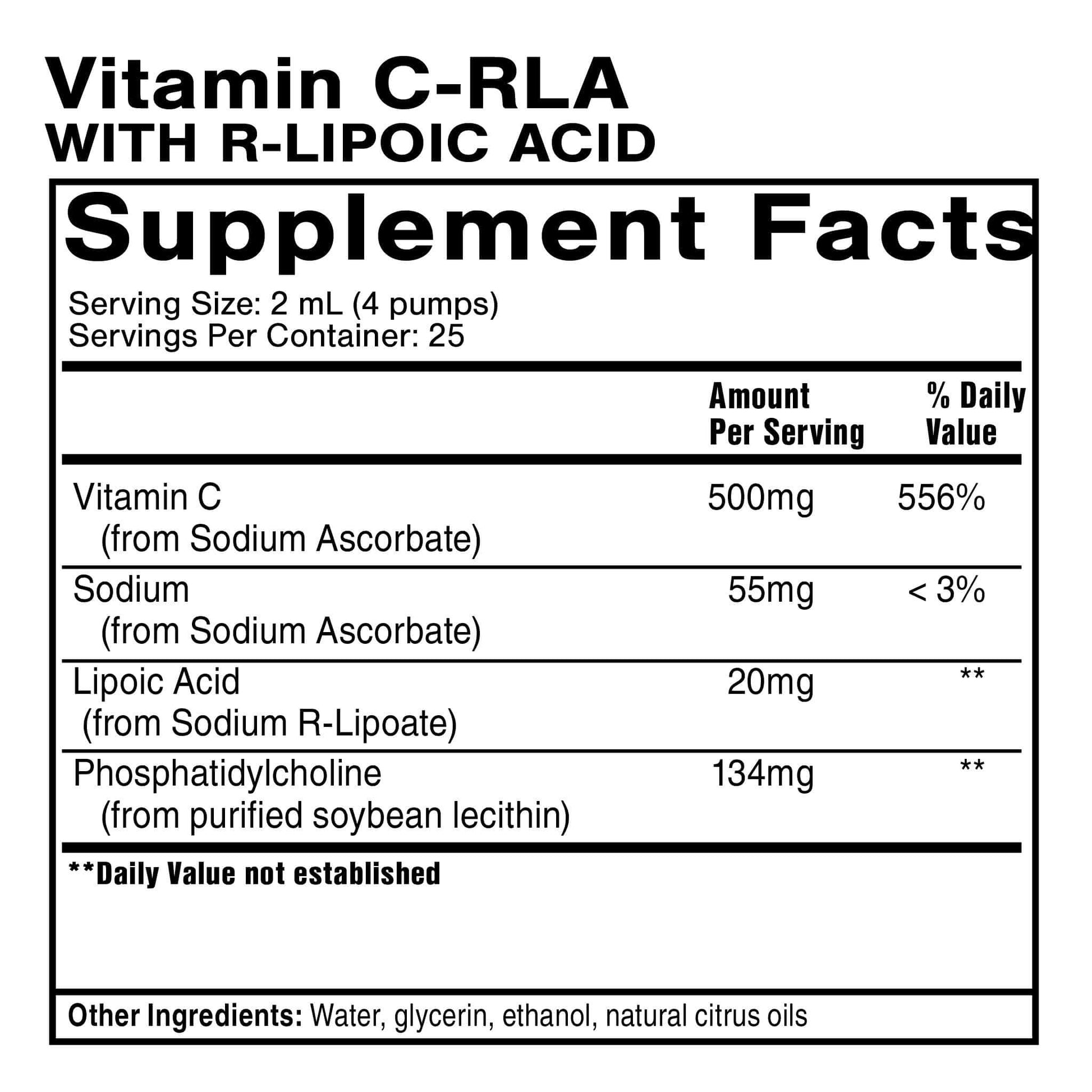 Vitamin C with R-Lipoic Acid Supplement Facts label highlighting Fast-Acting Glutathione Support Formula.
