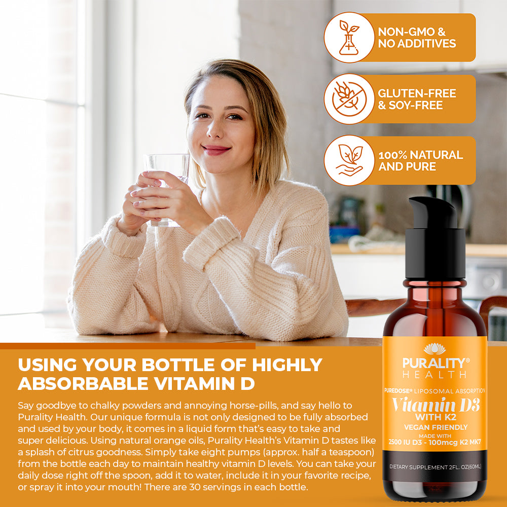 Woman holding a glass of water with a bottle of Purity Health Vitamin D3 in a kitchen setting.
