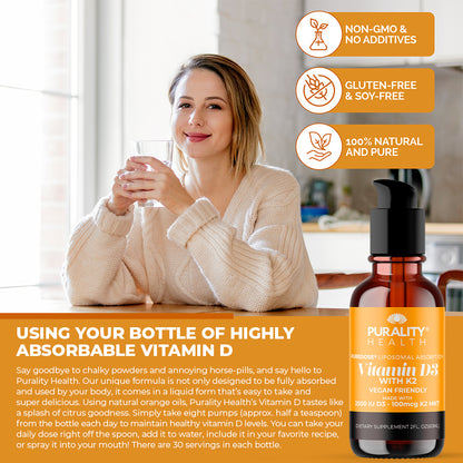 Woman holding a glass of water with a bottle of Purity Health Vitamin D3 in a kitchen setting.