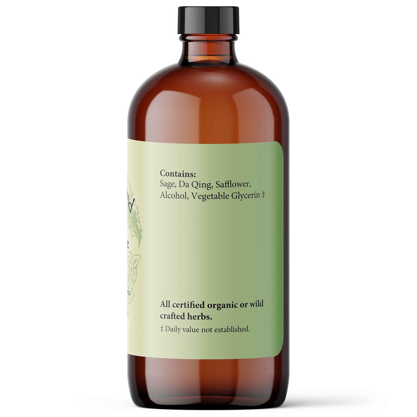 Brown glass bottle with a green label on a white background