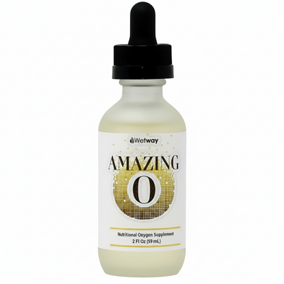 white dropper bottle with black dropper top, Wetway AMAZING O with yellow/brown squares like drops, Nutritional Oxygen Supplement 2 Fl Oz (59 mL)
