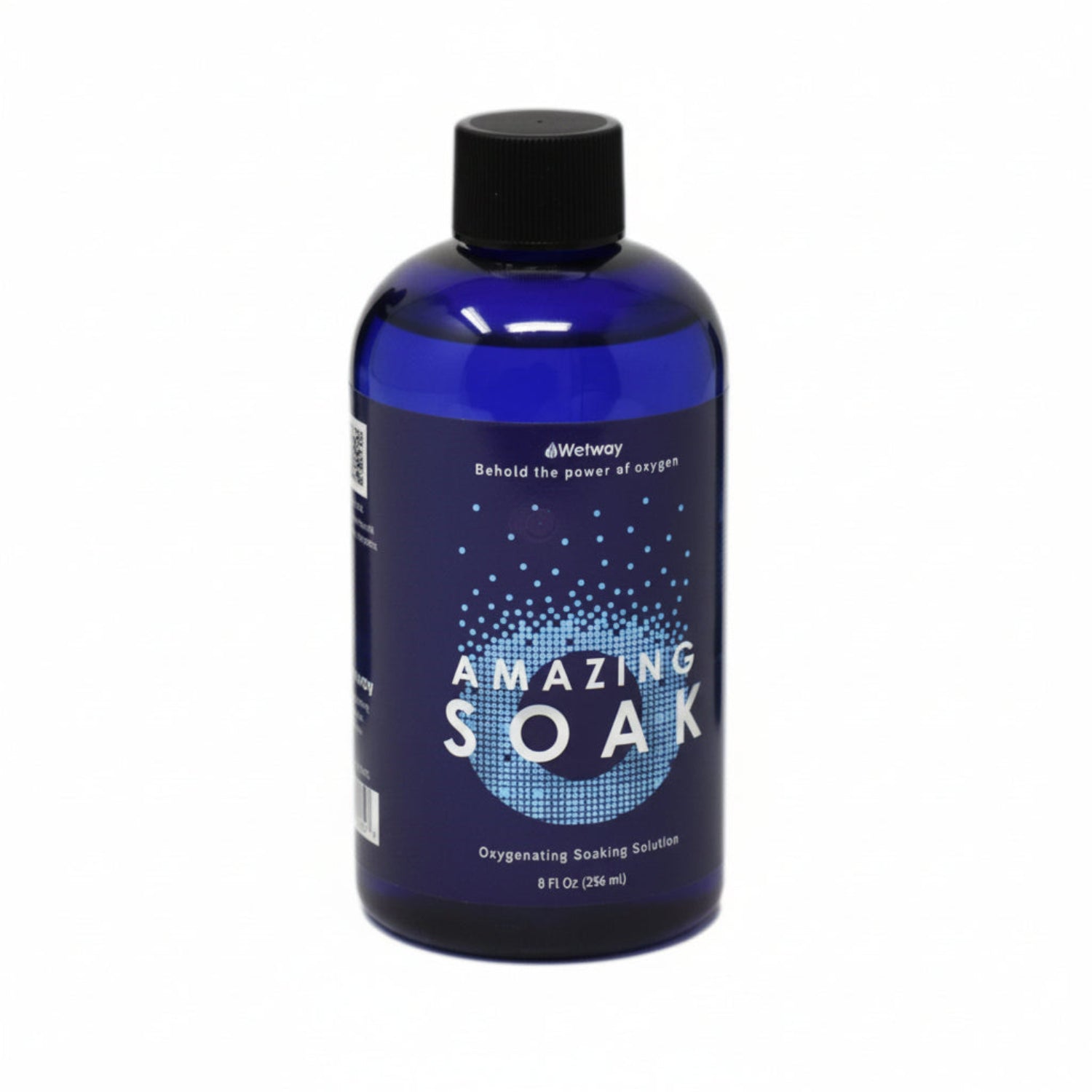 blue bottle with black lid, Wetway, Behold the power of oxygen. AMAZING SOAK with small white squares in shape of letter O. Oxygenating Soaking Solution. 8 Fl Oz (236 mL)
