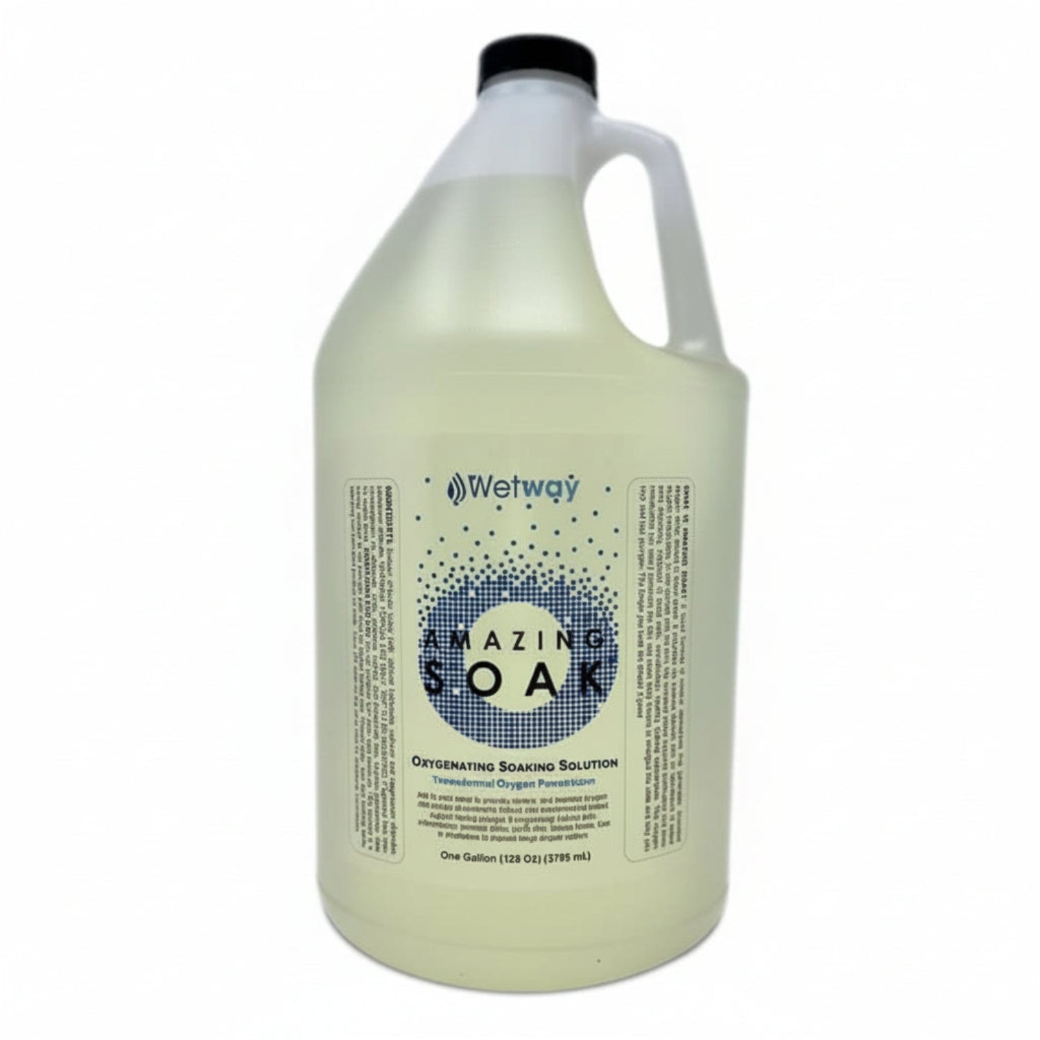 white jug with black lid, Wetway AMAZING SOAK with small blue squares in shape of letter O. Oxygenating Soaking Solution. Transdermal Oxygen Penetration. 128 Fl Oz (3840 mL)