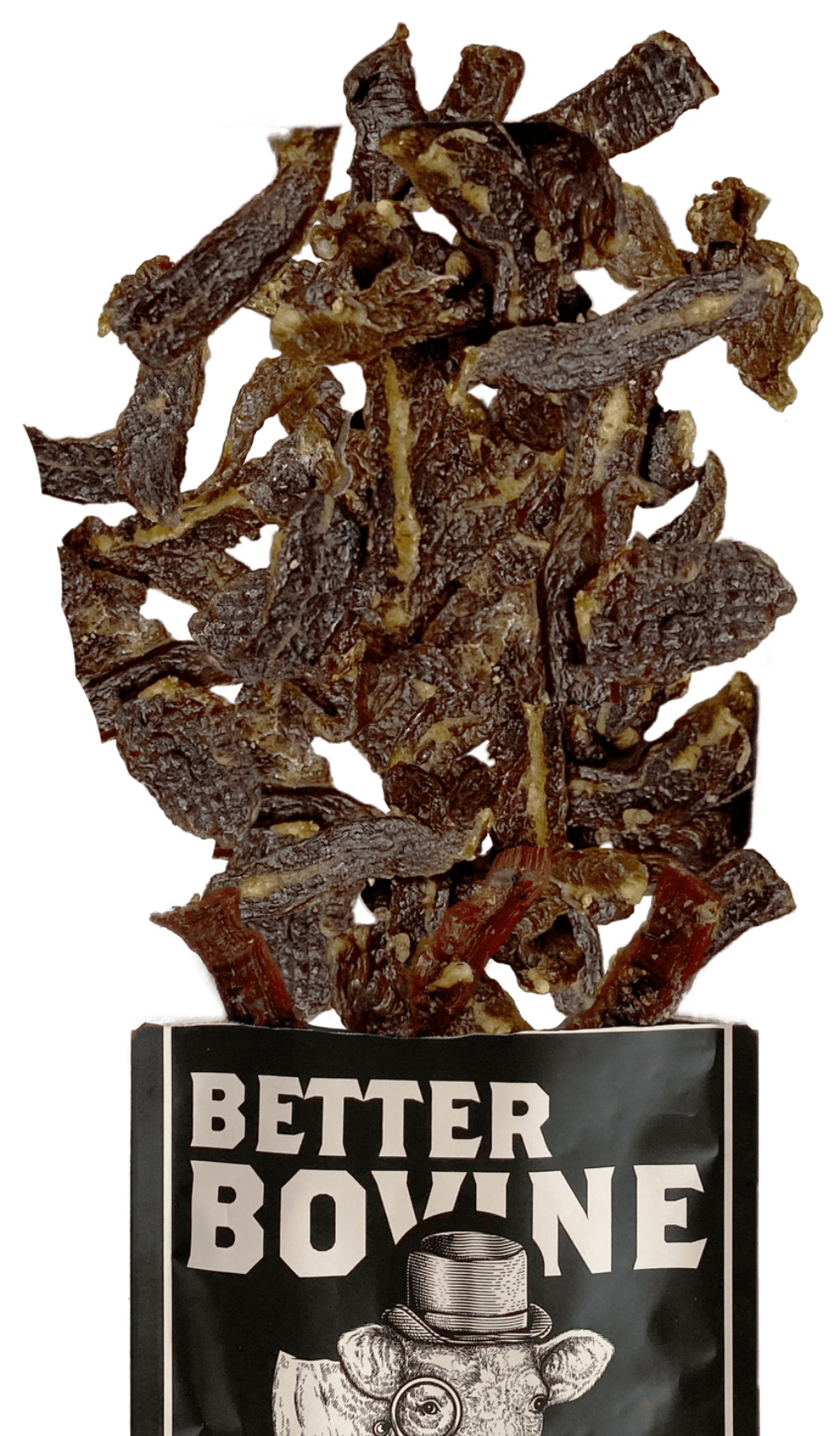 Dried beef jerky in a container labeled 'Better Bovine' on a white background