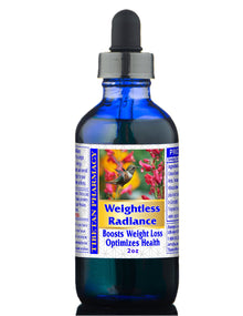 A 2oz blue glass dropper bottle of The Jan Pharmacy Weightless Radiance herbal supplement, featuring a colorful label with a hummingbird and pink flowers, on a white background.