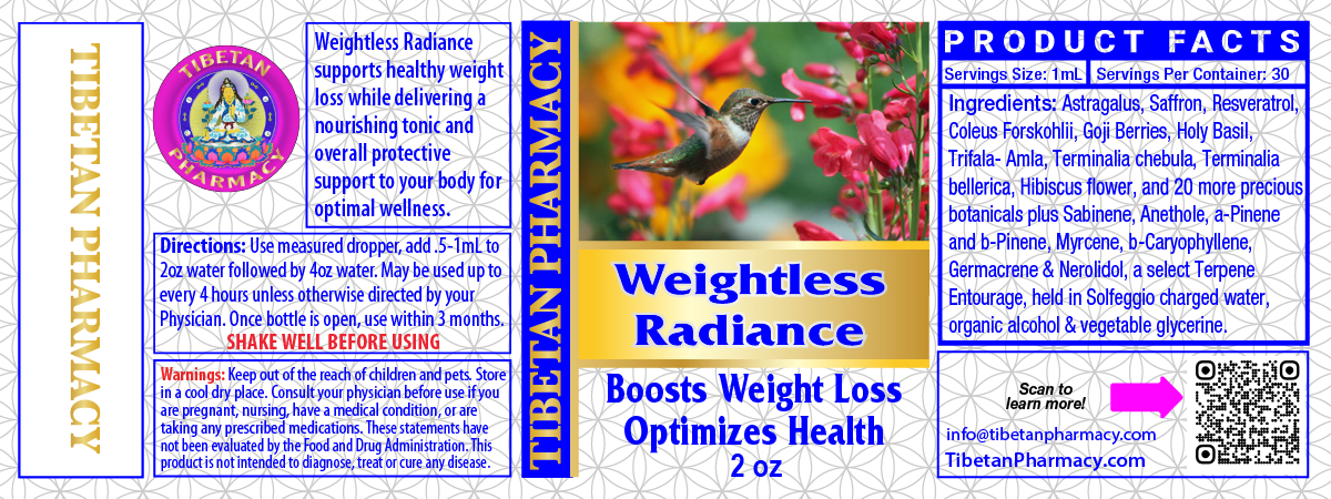 Product label for 'Weightless Radiance' from Tibetan Pharmacy with colorful design and text.