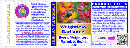 Product label for 'Weightless Radiance' from Tibetan Pharmacy with colorful design and text.