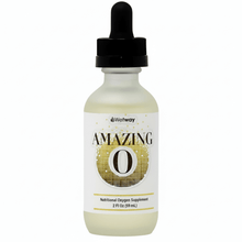 white dropper bottle with black dropper top, Wetway AMAZING O with yellow/brown squares like drops, Nutritional Oxygen Supplement 2 Fl Oz (59 mL)
